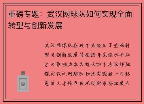 重磅专题:武汉网球队如何实现全面转型与创新发展