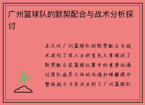 广州篮球队的默契配合与战术分析探讨