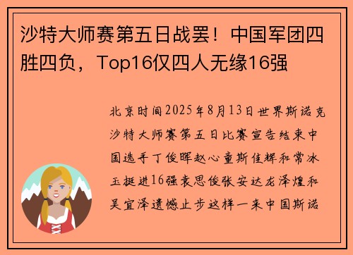 沙特大师赛第五日战罢！中国军团四胜四负，Top16仅四人无缘16强